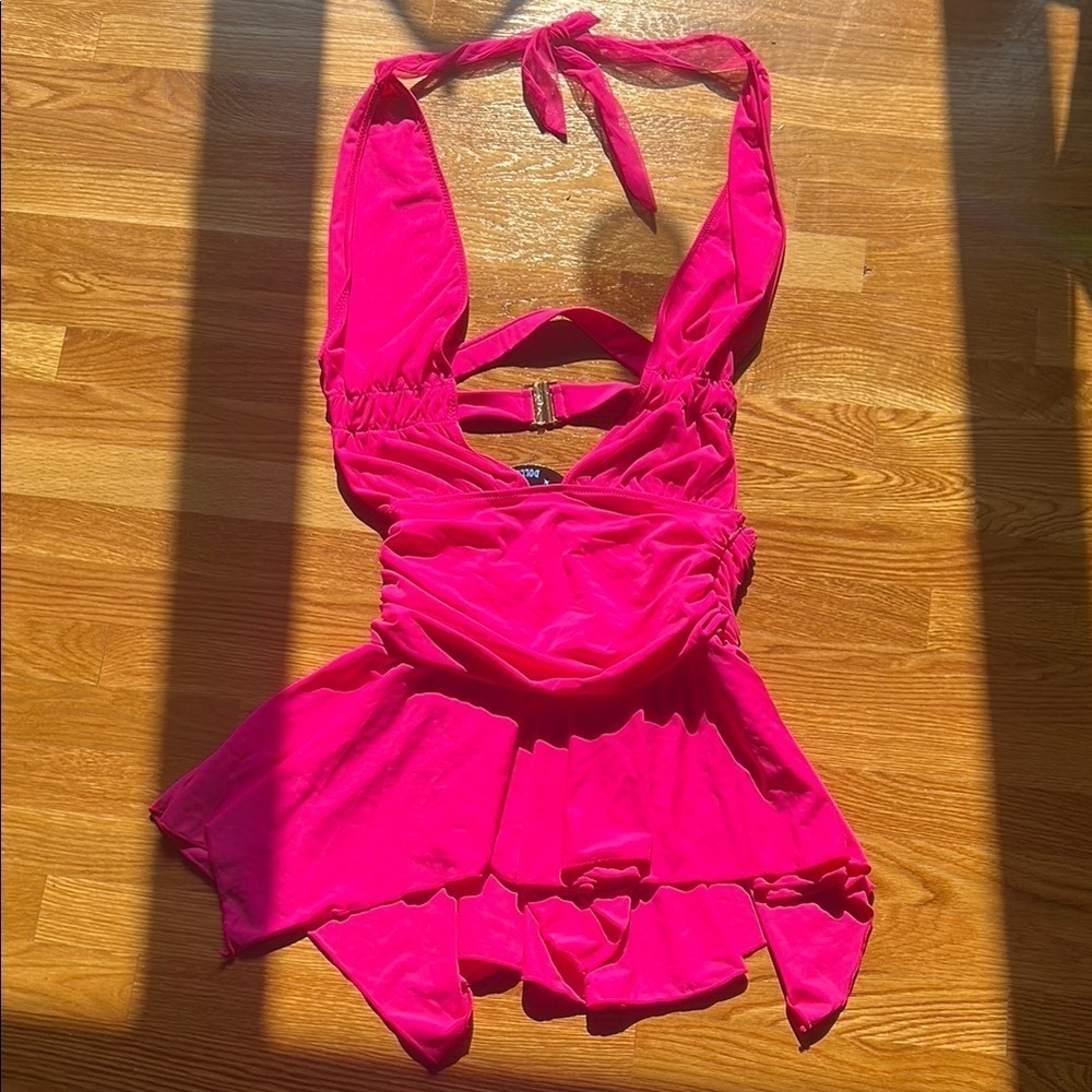 Dolls Kill horoscopez large hot Pink Mini Dress plunging v neck halter new w tag